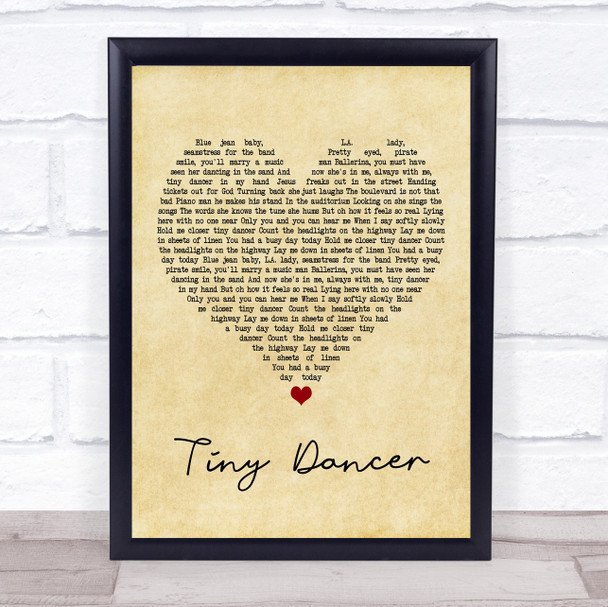 Elton John Tiny Dancer Vintage Heart Song Lyric Framed Print