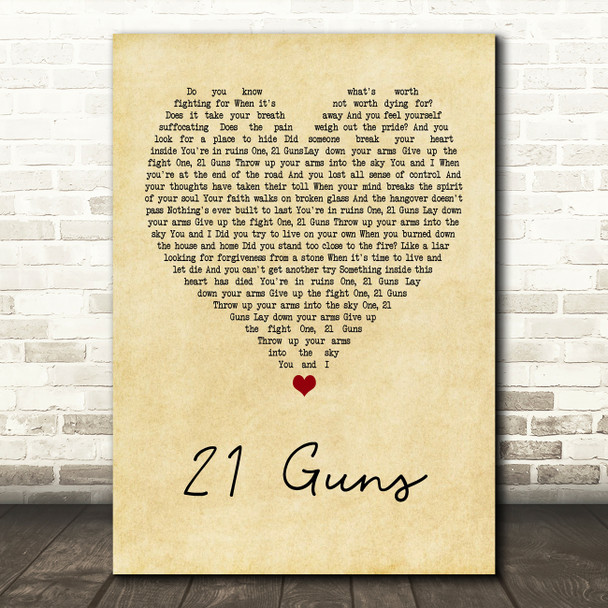 Green Day 21 Guns Vintage Heart Song Lyric Framed Print