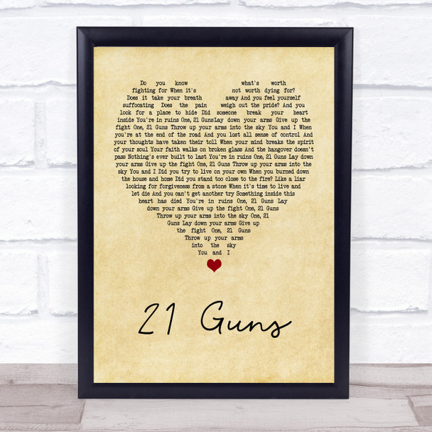 Green Day 21 Guns Vintage Heart Song Lyric Framed Print