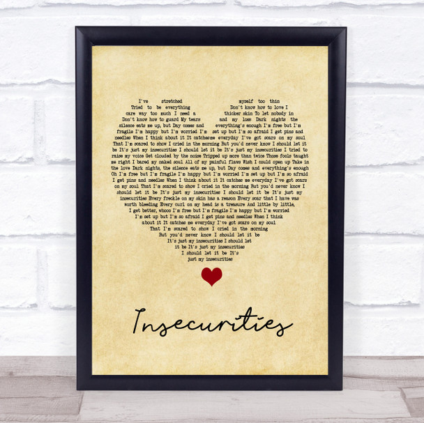 Jess Glynne Insecurities Vintage Heart Song Lyric Framed Print