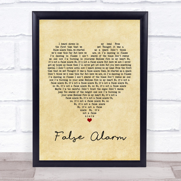 Matoma False Alarm Vintage Heart Song Lyric Framed Print