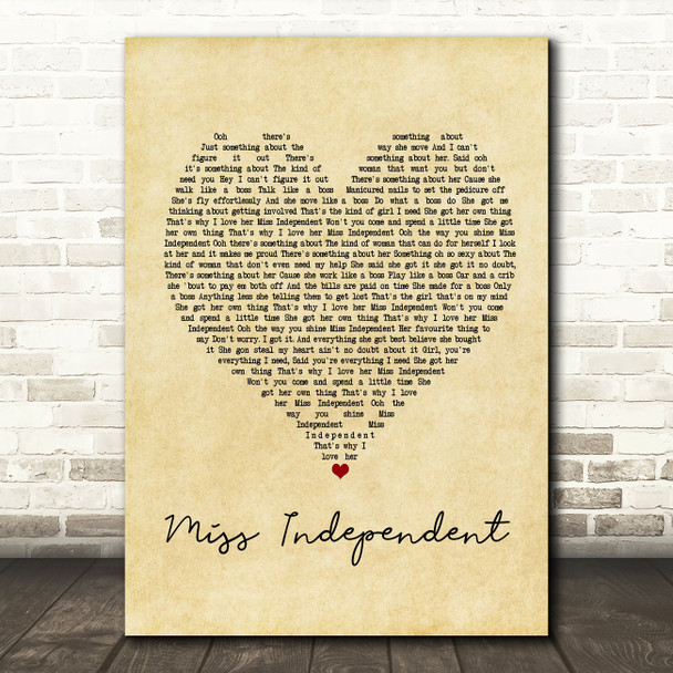 Ne-Yo Miss Independent Vintage Heart Song Lyric Framed Print