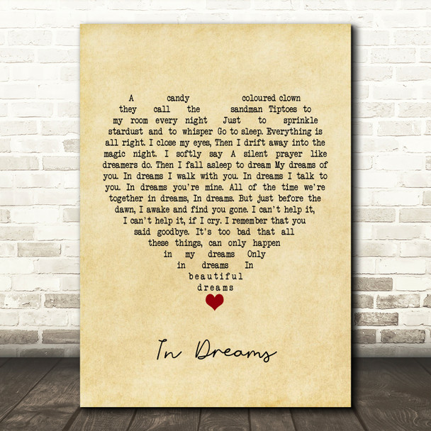 Roy Orbison In Dreams Vintage Heart Song Lyric Framed Print