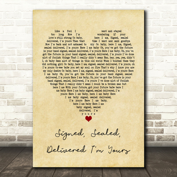 Stevie Wonder Signed, Sealed, Delivered I'm Yours Vintage Heart Song Lyric Framed Print