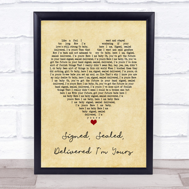Stevie Wonder Signed, Sealed, Delivered I'm Yours Vintage Heart Song Lyric Framed Print
