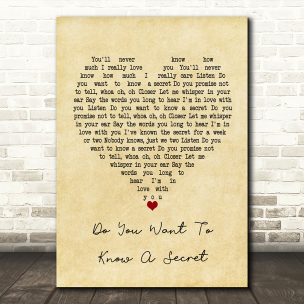The Beatles Do You Want To Know A Secret Vintage Heart Song Lyric Framed Print