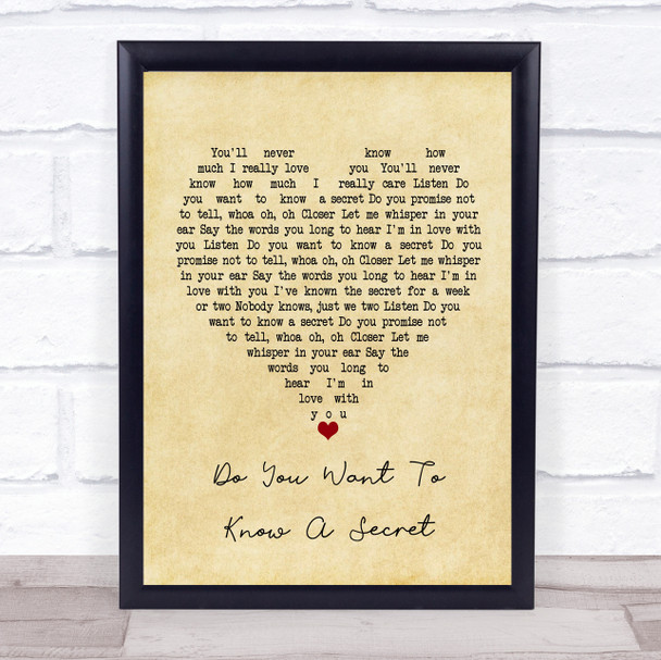 The Beatles Do You Want To Know A Secret Vintage Heart Song Lyric Framed Print