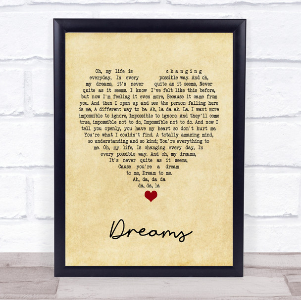 The Cranberries Dreams Vintage Heart Song Lyric Framed Print