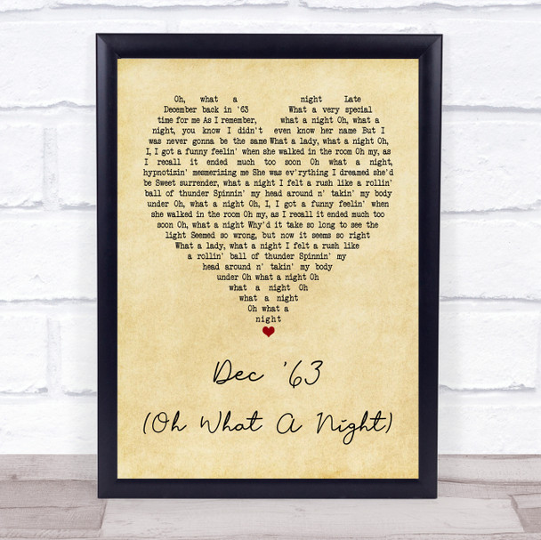The Four Seasons Dec '63 (Oh What A Night) Vintage Heart Song Lyric Framed Print