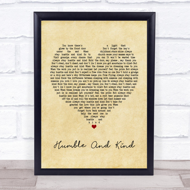 Tim McGraw Humble And Kind Vintage Heart Song Lyric Framed Print