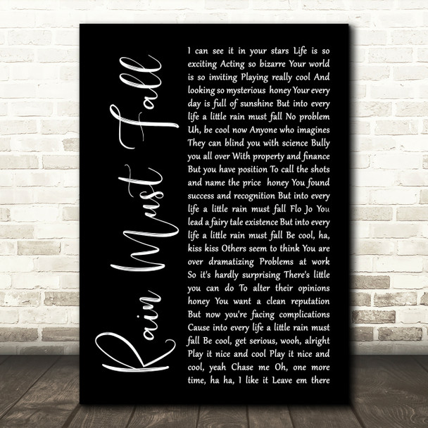 Queen Rain Must Fall Black Script Song Lyric Print