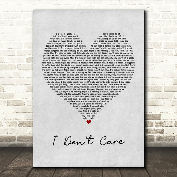 Ed Sheeran & Justin Bieber I Don't Care Grey Heart Song Lyric Print
