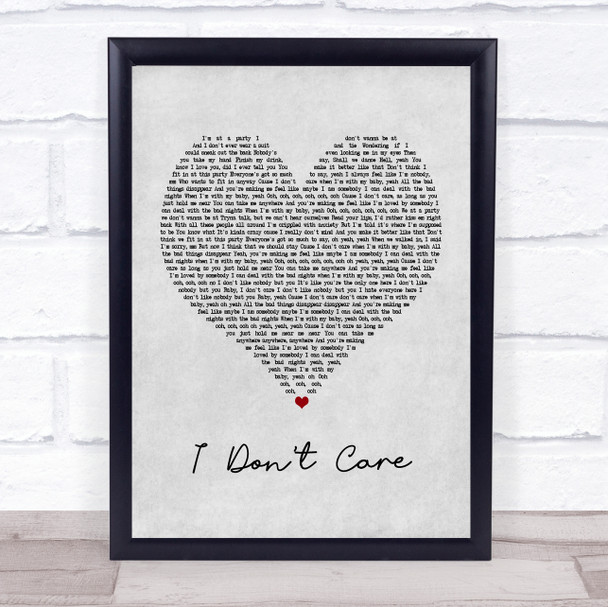 Ed Sheeran & Justin Bieber I Don't Care Grey Heart Song Lyric Print