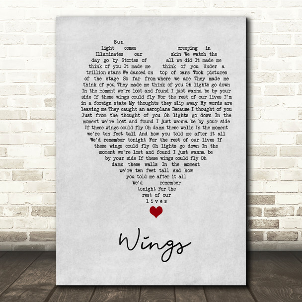 Birdy Wings Grey Heart Song Lyric Print