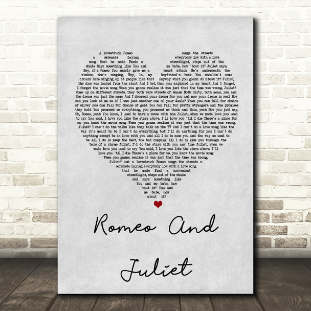 Dire Straits Romeo And Juliet Grey Heart Song Lyric Quote Print