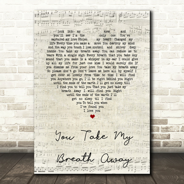 Queen You Take My Breath Away Script Heart Song Lyric Print