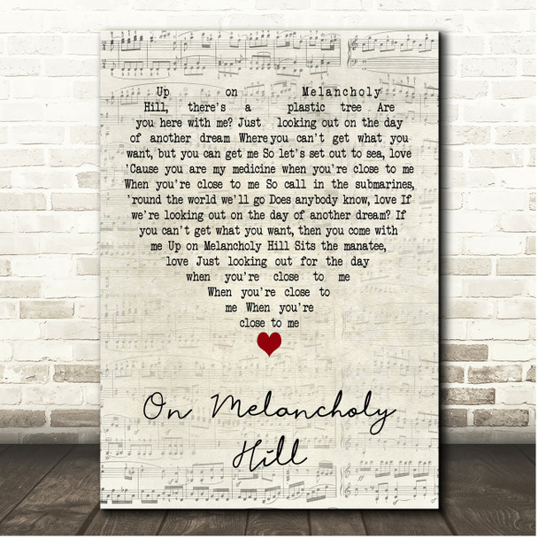 Gorillaz On Melancholy Hill Script Heart Song Lyric Print