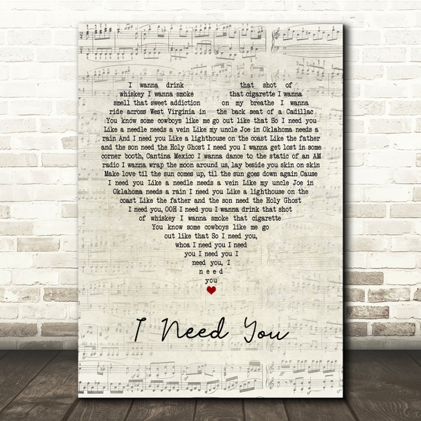 Faith Hill and Tim McGraw I Need You Script Heart Song Lyric Print