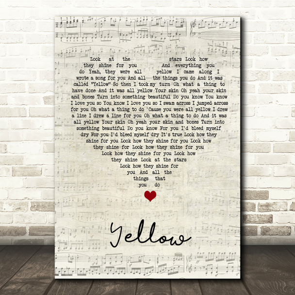 Coldplay Yellow Script Heart Song Lyric Print