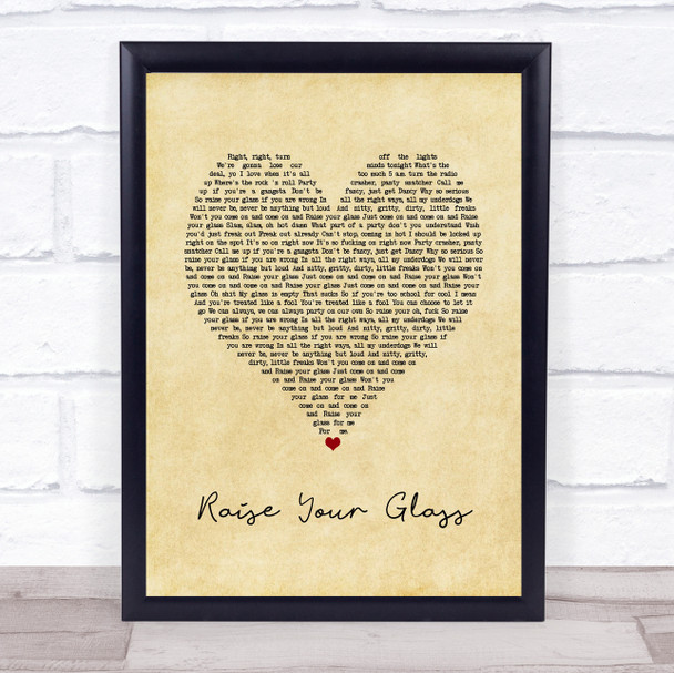 Pink Raise Your Glass Vintage Heart Song Lyric Print