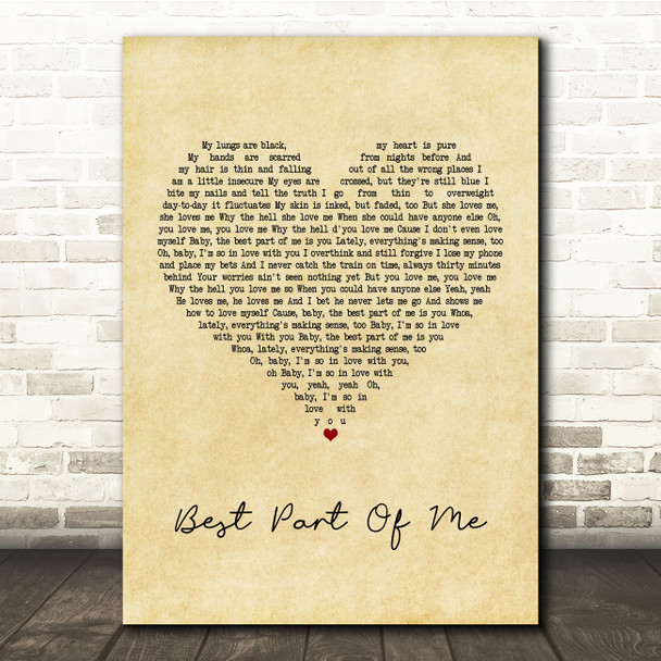 Ed Sheeran Best Part Of Me Vintage Heart Song Lyric Print