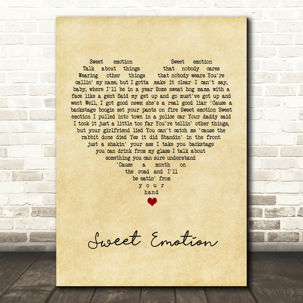 Aerosmith Sweet Emotion Vintage Heart Song Lyric Print