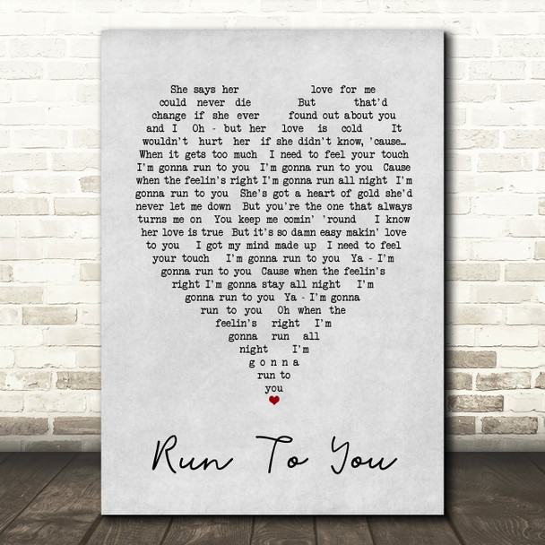 Run To You Bryan Adams Grey Heart Song Lyric Quote Print