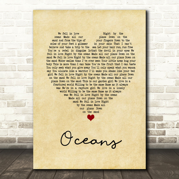 Coasts Oceans Vintage Heart Song Lyric Print