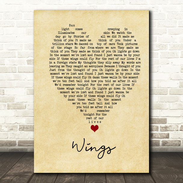 Birdy Wings Vintage Heart Song Lyric Print