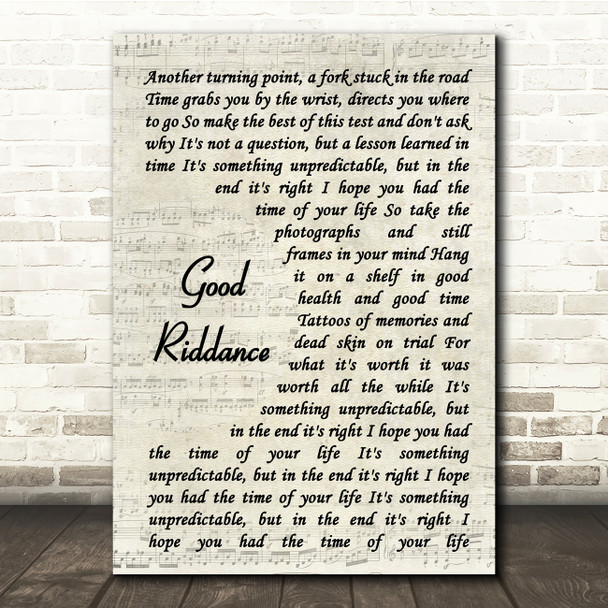 Green Day Good Riddance Vintage Script Song Lyric Print