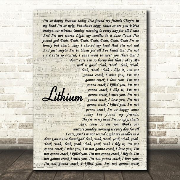 Nirvana Lithium Vintage Script Song Lyric Print
