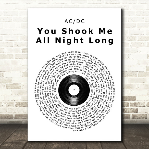 ACDC You Shook Me All Night Long Vinyl Record Song Lyric Print