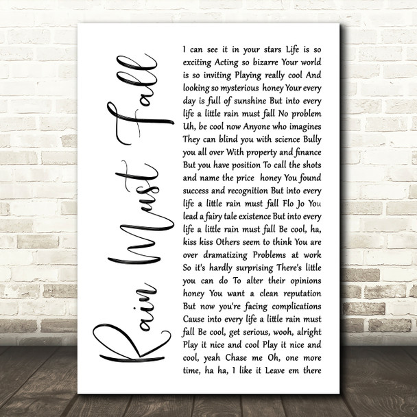 Queen Rain Must Fall White Script Song Lyric Print