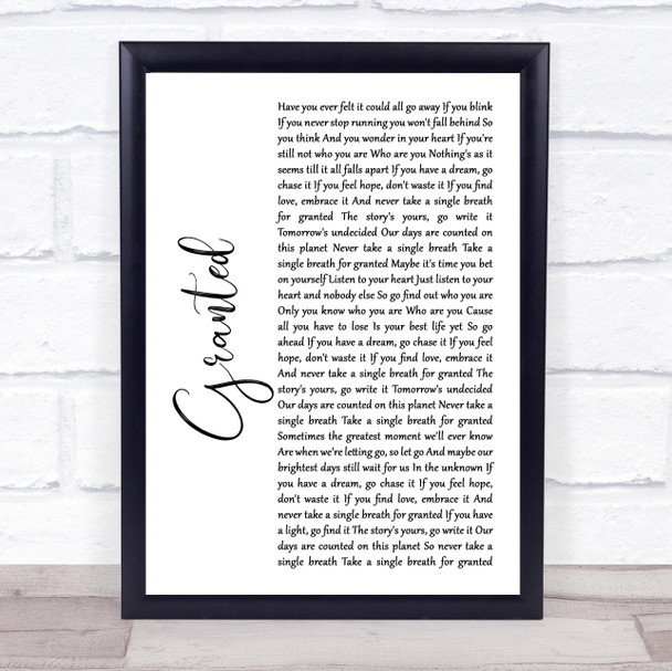 Josh Groban Granted White Script Song Lyric Print