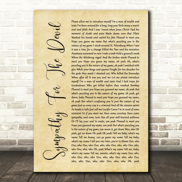 The Rolling Stones Sympathy For The Devil Rustic Script Song Lyric Print