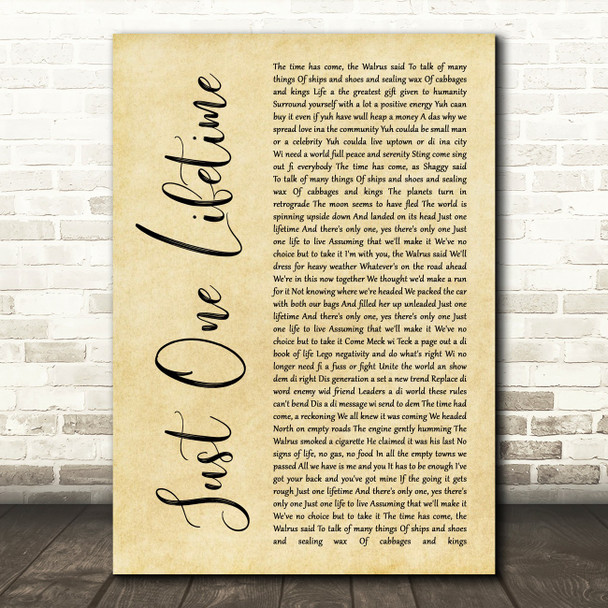 Sting & Shaggy Just One Lifetime Rustic Script Song Lyric Print