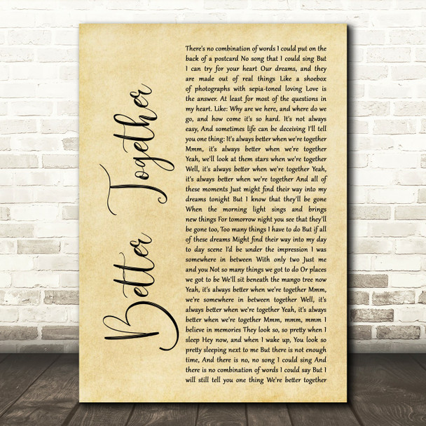 Jack Johnson Better Together Rustic Script Song Lyric Print