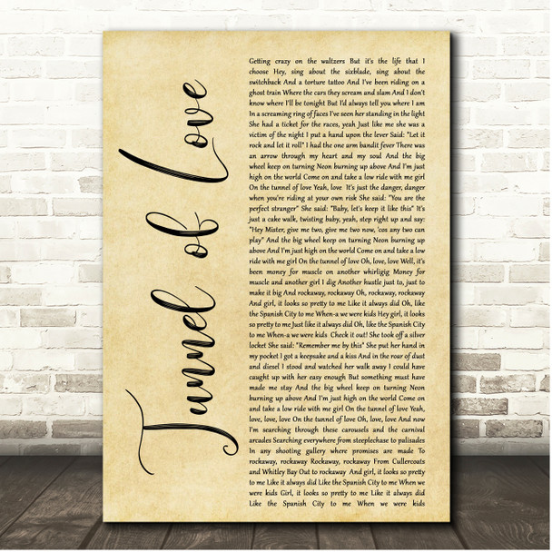 Dire Straits Tunnel of Love Rustic Script Song Lyric Print