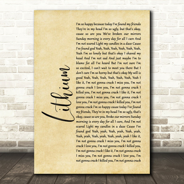 Nirvana Lithium Rustic Script Song Lyric Print