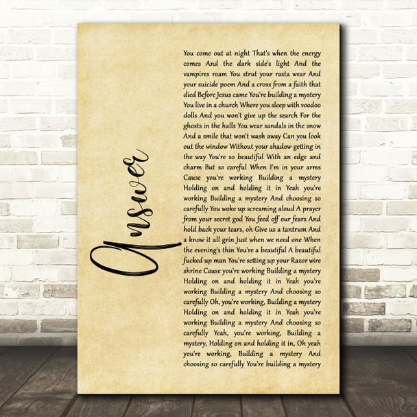 Sarah McLachlan ANSWER Rustic Script Song Lyric Print