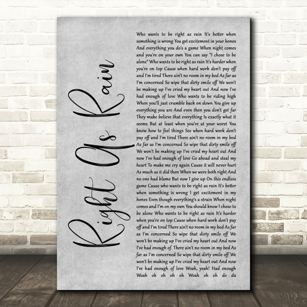 Adele Right As Rain Rustic Script Grey Song Lyric Quote Print