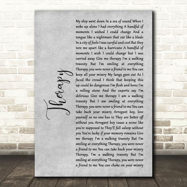 All Time Low Therapy Rustic Script Grey Song Lyric Quote Print