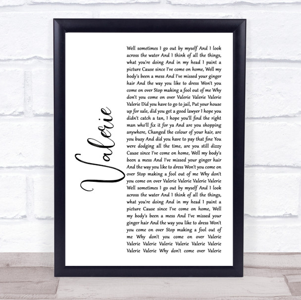 Amy Winehouse Valerie White Script Song Lyric Print