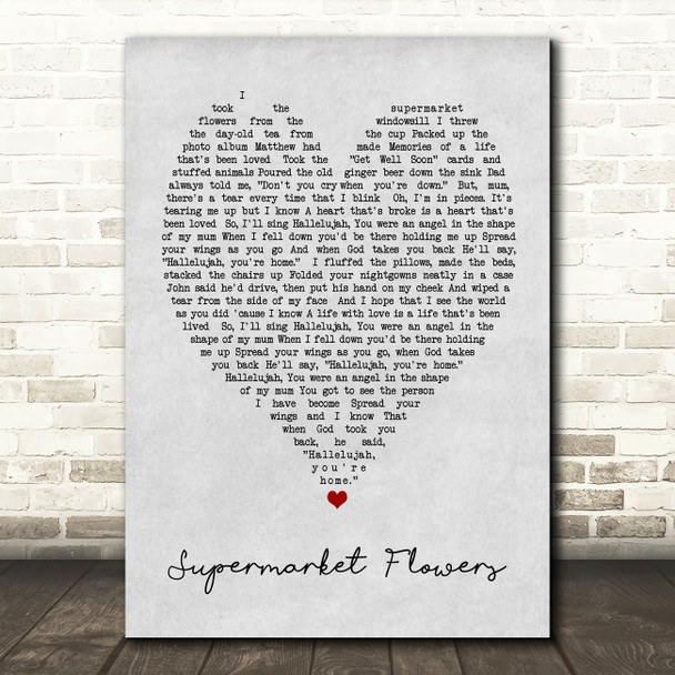 Supermarket Flowers Ed Sheeran Grey Heart Song Lyric Quote Print