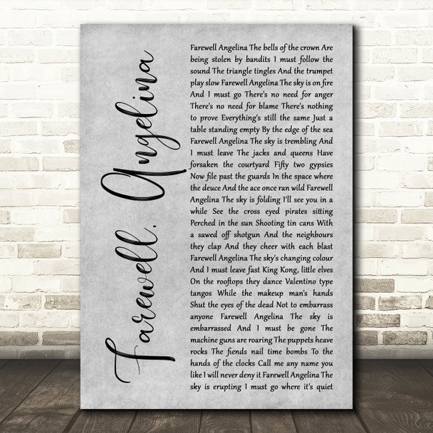 Bob Dylan Farewell, Angelina Grey Rustic Script Song Lyric Print