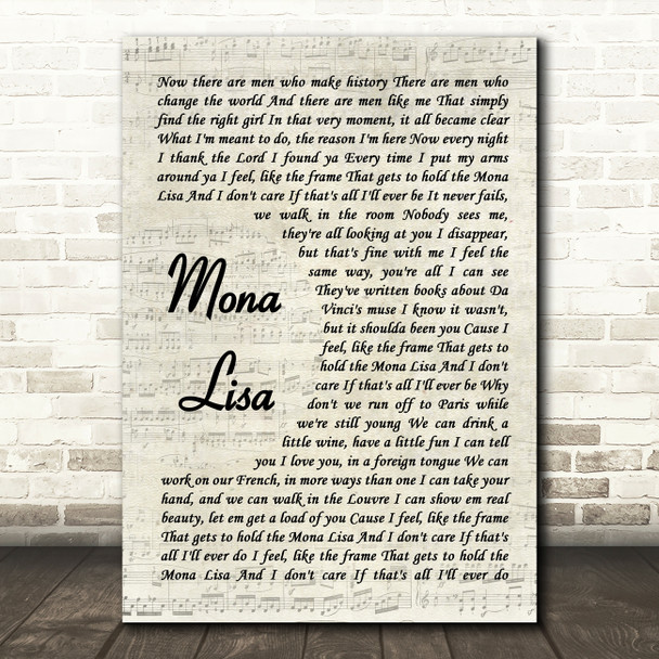 Brad Paisley Mona Lisa Vintage Script Song Lyric Print