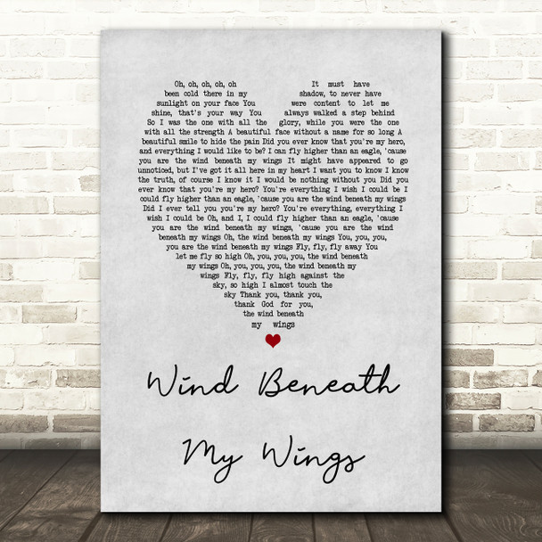 Bette Midler Wind Beneath My Wings Grey Heart Song Lyric Quote Print