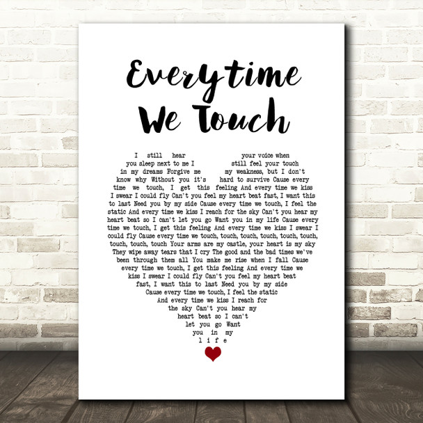 Cascada Everytime We Touch White Heart Song Lyric Print