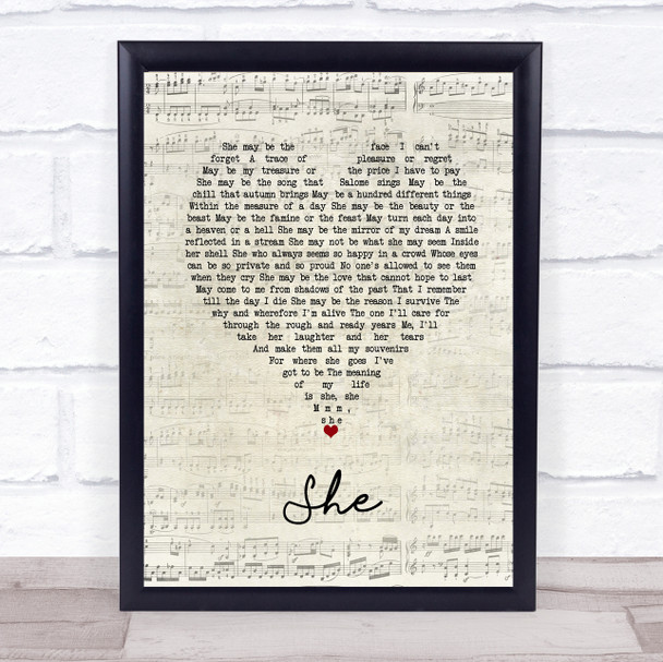 Charles Aznavour She Script Heart Song Lyric Print