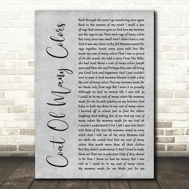 Dolly Parton Coat Of Many Colors Rustic Script Grey Song Lyric Quote Print